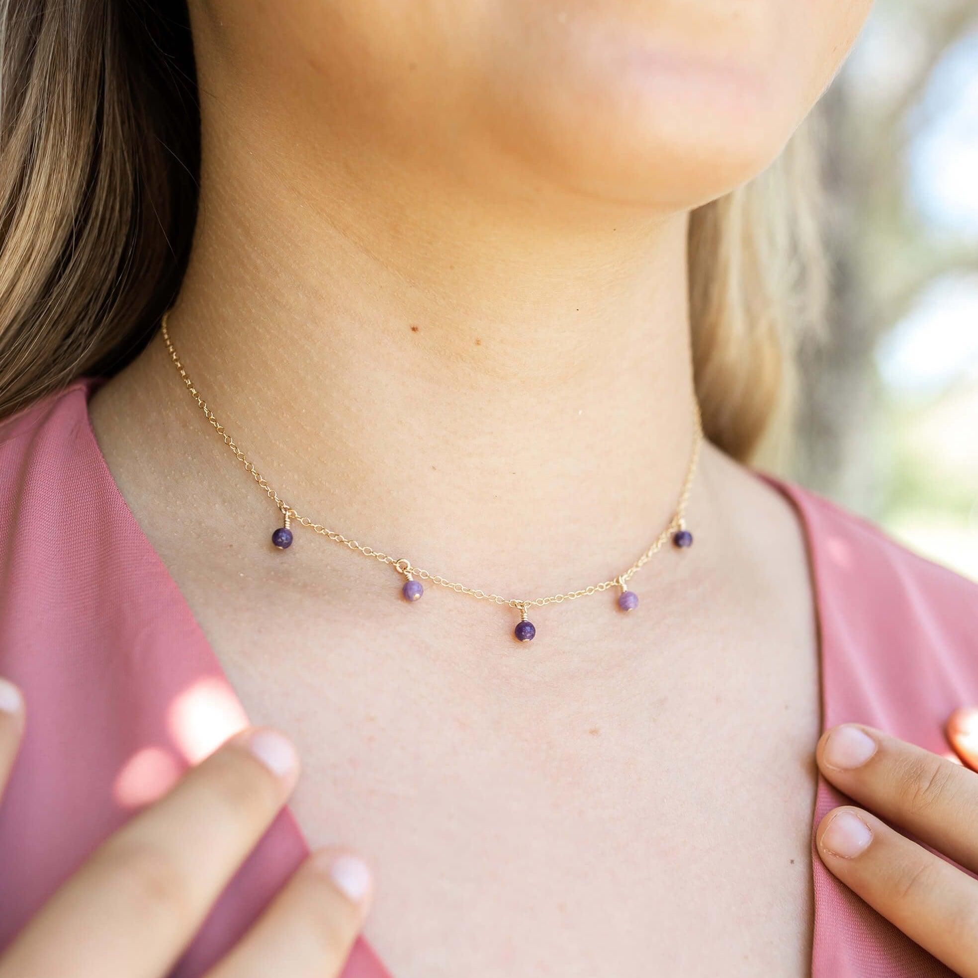 Lepidolite Bead Drop Choker - Lepidolite Bead Drop Choker - Sterling Silver - Luna Tide Handmade Crystal Jewellery
