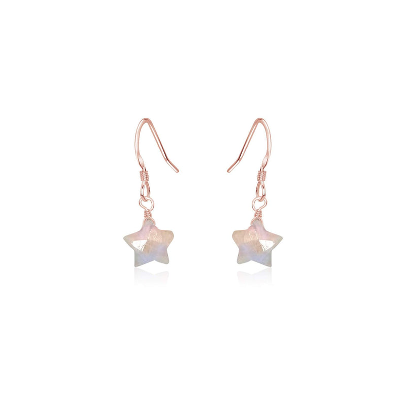 Little Rainbow Moonstone Star Dangle Drop Earrings - Little Rainbow Moonstone Star Dangle Drop Earrings - 14k Rose Gold Fill - Luna Tide Handmade Crystal Jewellery