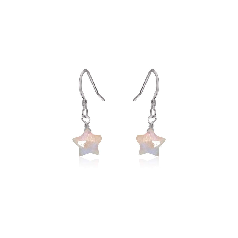 Little Rainbow Moonstone Star Dangle Drop Earrings - Little Rainbow Moonstone Star Dangle Drop Earrings - Stainless Steel - Luna Tide Handmade Crystal Jewellery