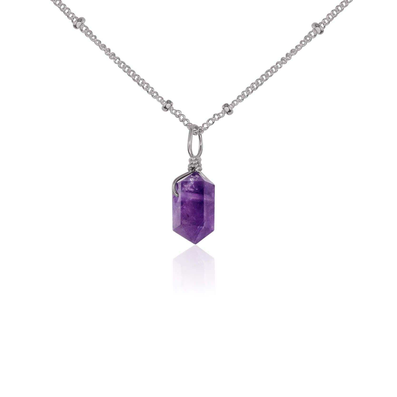 Mini Double Terminated Amethyst Crystal Point Pendant Necklace - Mini Double Terminated Amethyst Crystal Point Pendant Necklace - Stainless Steel / Satellite - Luna Tide Handmade Crystal Jewellery
