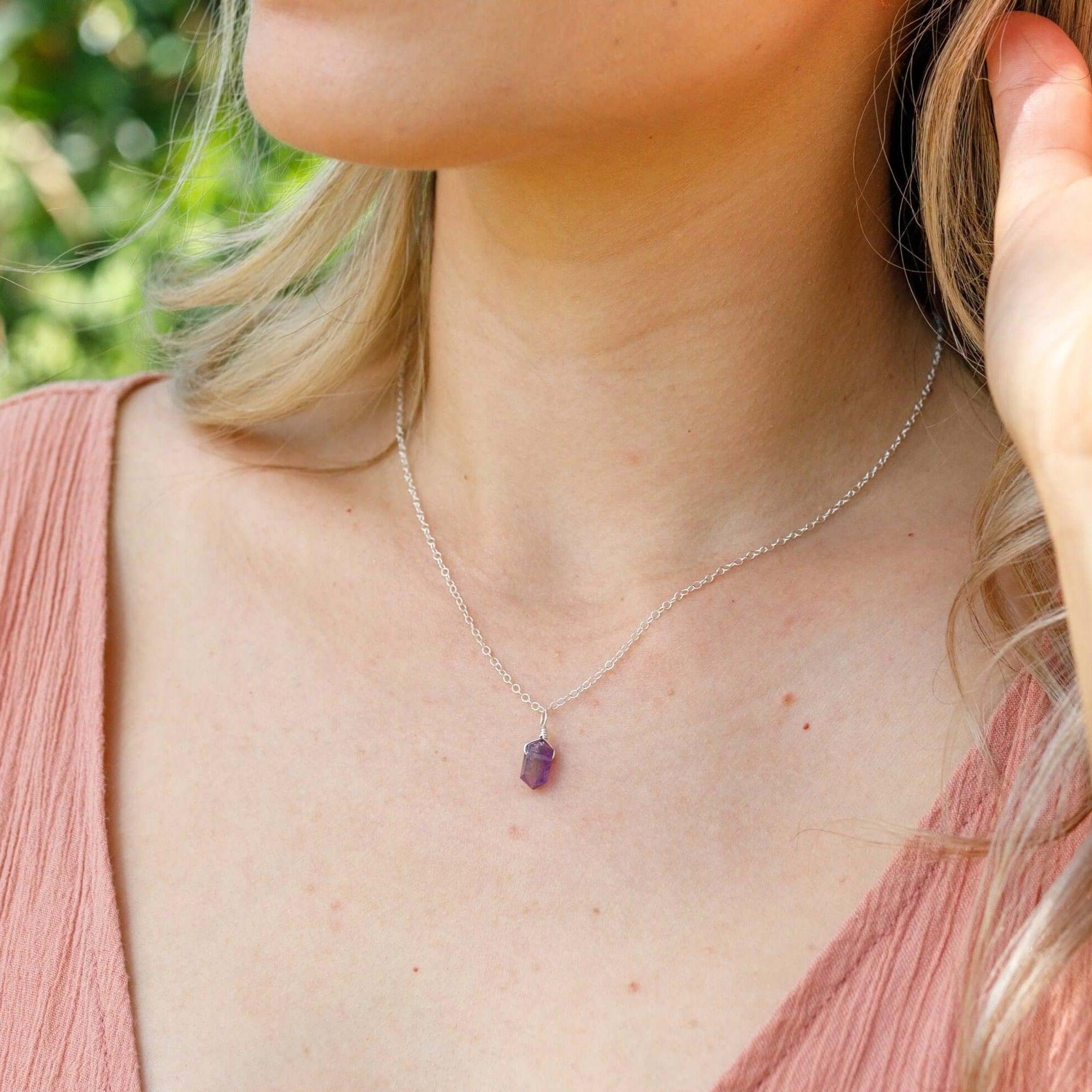 Mini Double Terminated Amethyst Crystal Point Pendant Necklace - Mini Double Terminated Amethyst Crystal Point Pendant Necklace - Sterling Silver / Satellite - Luna Tide Handmade Crystal Jewellery