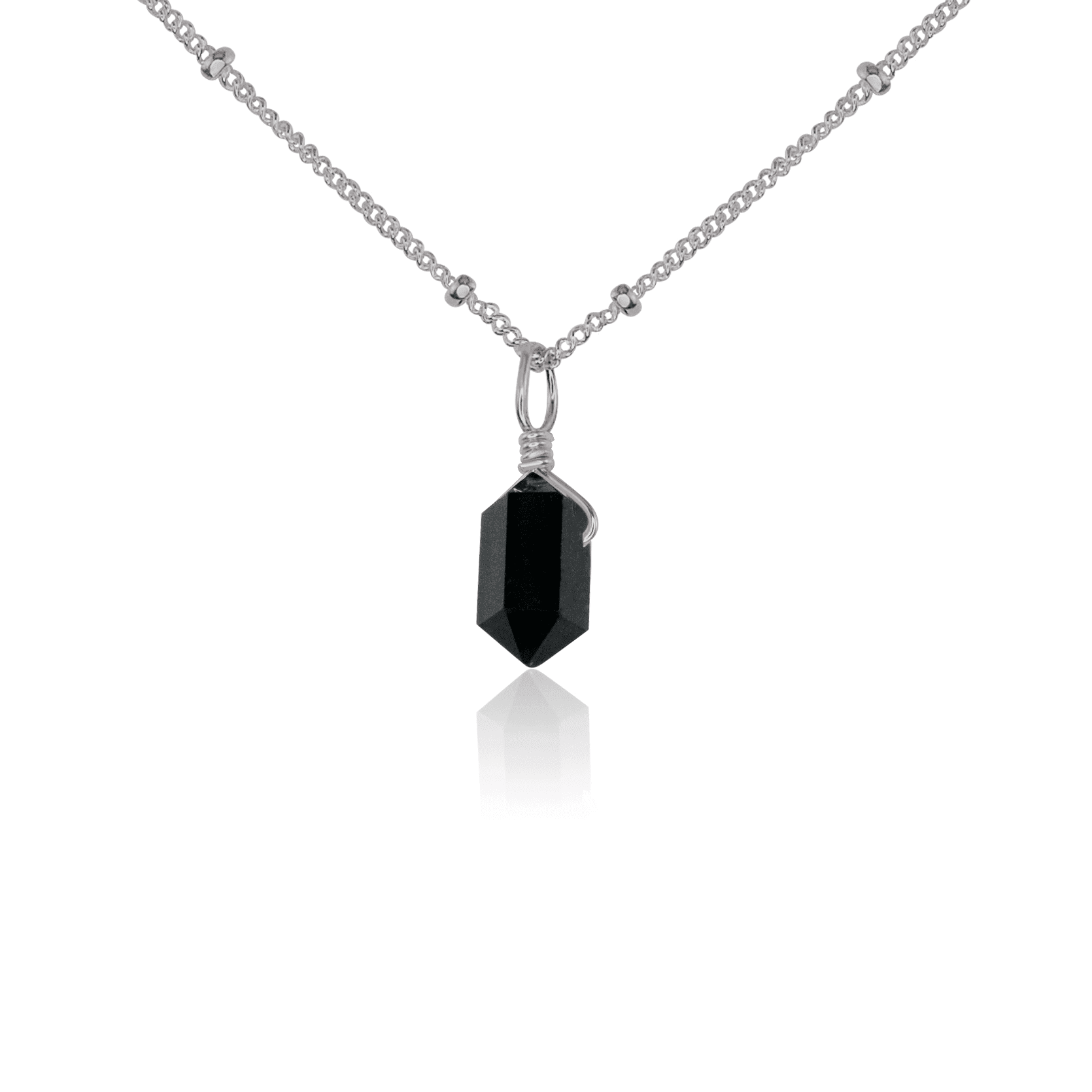 Mini Double Terminated Black Tourmaline Crystal Point Pendant Necklace - Mini Double Terminated Black Tourmaline Crystal Point Pendant Necklace - Stainless Steel / Satellite - Luna Tide Handmade Crystal Jewellery