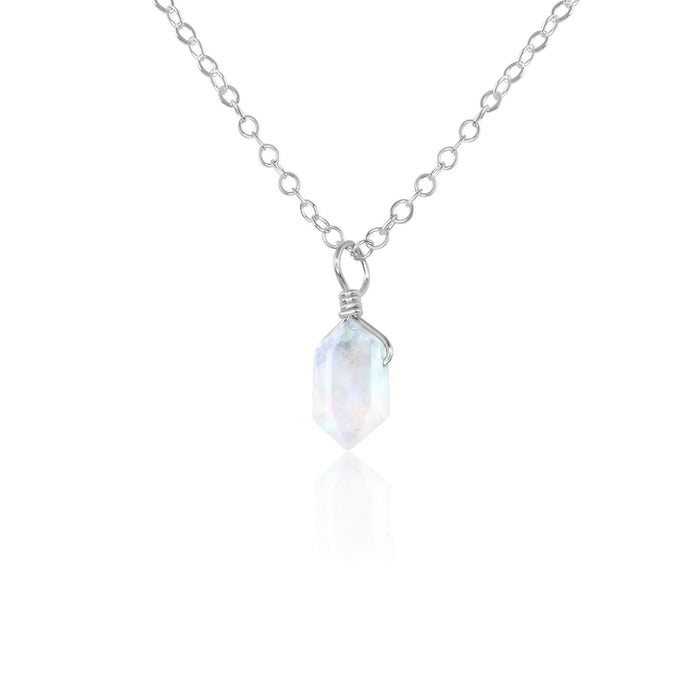 Mini Double Terminated Rainbow Moonstone Crystal Point Pendant Necklace - Mini Double Terminated Rainbow Moonstone Crystal Point Pendant Necklace - Sterling Silver / Cable - Luna Tide Handmade Crystal Jewellery