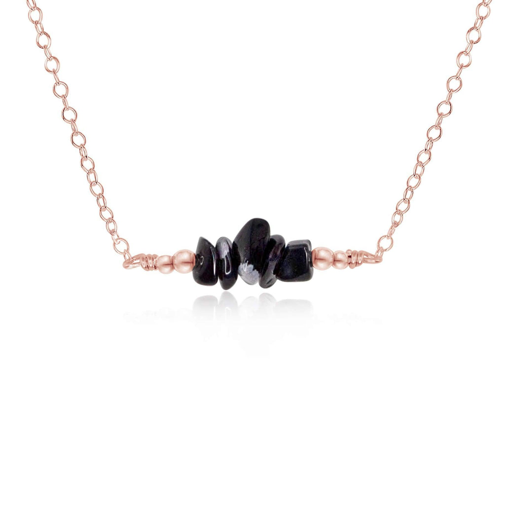 Obsidian Chip Bead Bar Necklace - Obsidian Chip Bead Bar Necklace - 14k Rose Gold Fill - Luna Tide Handmade Crystal Jewellery