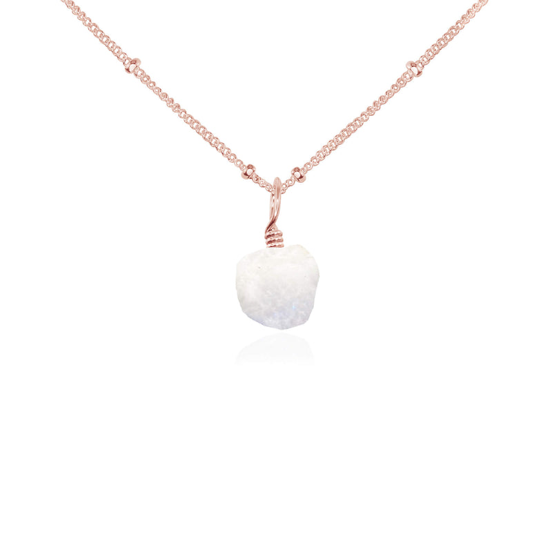 Raw Crystal Pendant Necklace - Rainbow Moonstone - 14K Rose Gold Fill Satellite - Luna Tide Handmade Jewellery