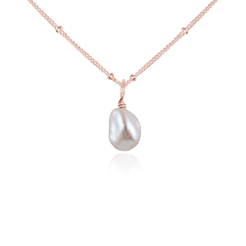 Raw Crystal Pendant Necklace - Freshwater Pearl - 14K Rose Gold Fill Satellite - Luna Tide Handmade Jewellery