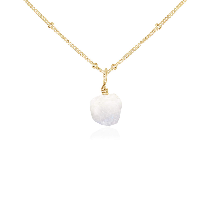 Raw Crystal Pendant Necklace - Rainbow Moonstone - 14K Gold Fill Satellite - Luna Tide Handmade Jewellery