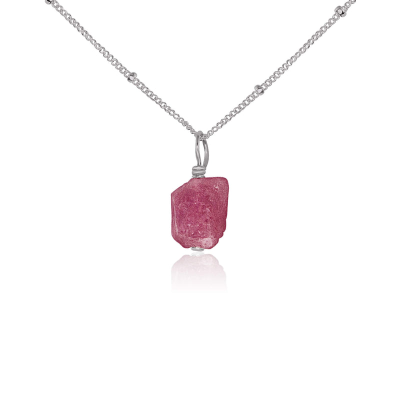 Raw Crystal Pendant Necklace - Pink Tourmaline - Stainless Steel Satellite - Luna Tide Handmade Jewellery