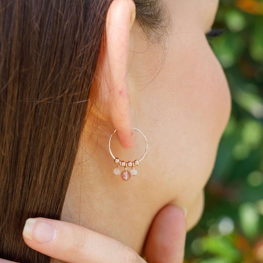 Orange Sunstone Gemstone Bead Drop Hoop Earrings - Orange Sunstone Gemstone Bead Drop Hoop Earrings - 14k Gold Fill - Luna Tide Handmade Crystal Jewellery