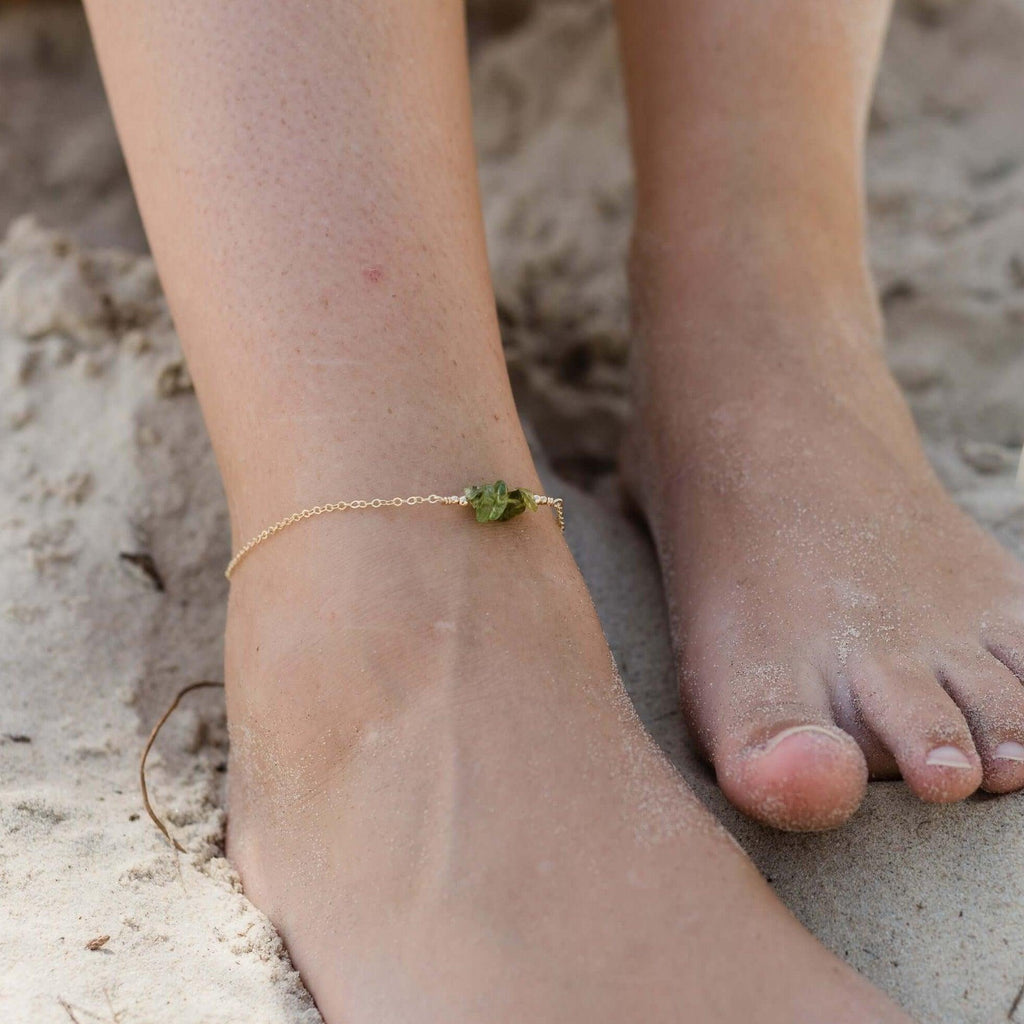 Peridot Chip Bead Bar Anklet - Peridot Chip Bead Bar Anklet - Sterling Silver - Luna Tide Handmade Crystal Jewellery