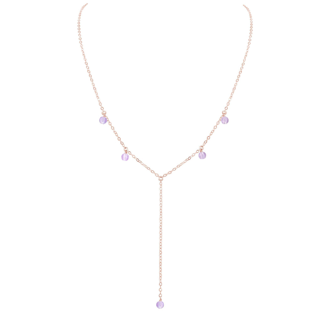 Pink Amethyst Crystal Boho Lariat Necklace - Pink Amethyst Crystal Boho Lariat Necklace - 14k Rose Gold Fill - Luna Tide Handmade Crystal Jewellery