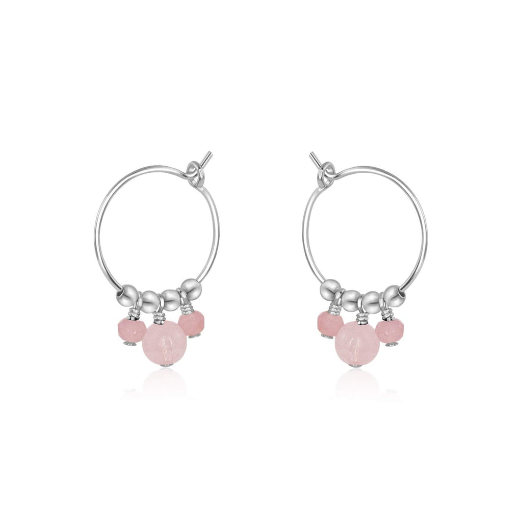 Pink Rose Quartz Gemstone Bead Drop Hoop Earrings - Pink Rose Quartz Gemstone Bead Drop Hoop Earrings - Sterling Silver - Luna Tide Handmade Crystal Jewellery