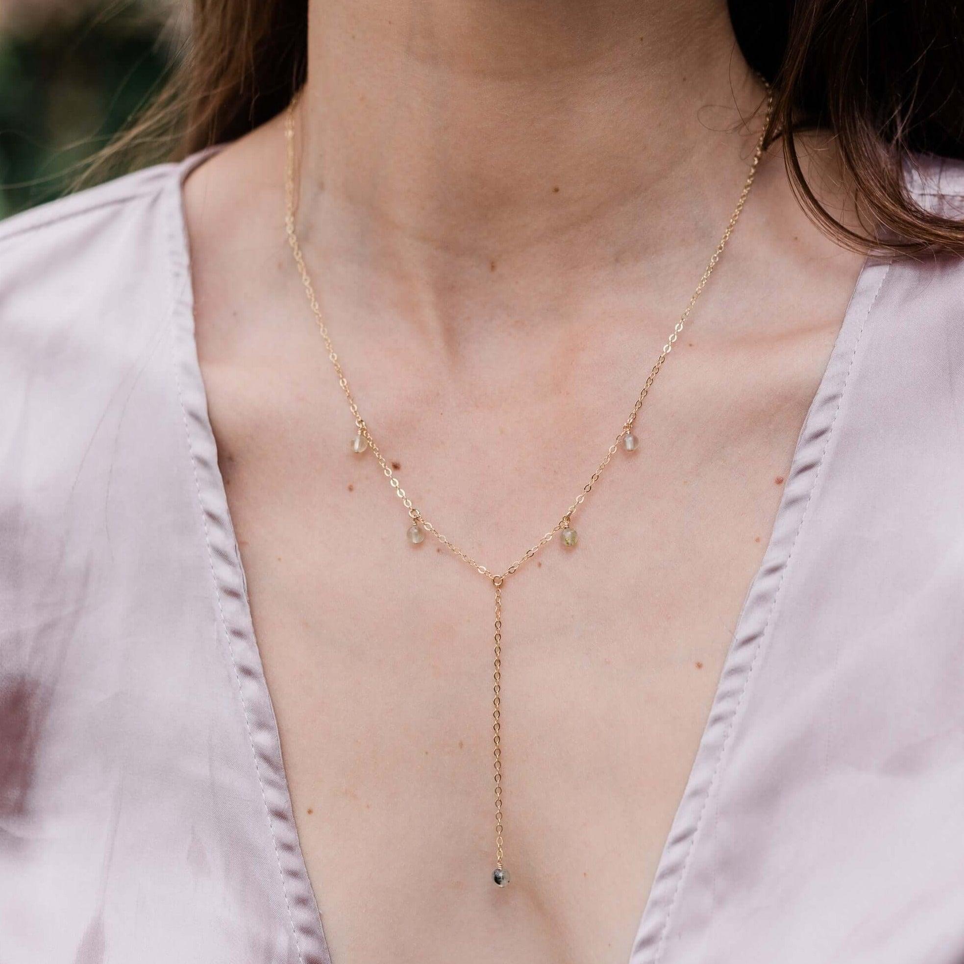 Prehnite Boho Lariat Necklace - Prehnite Boho Lariat Necklace - Sterling Silver - Luna Tide Handmade Crystal Jewellery