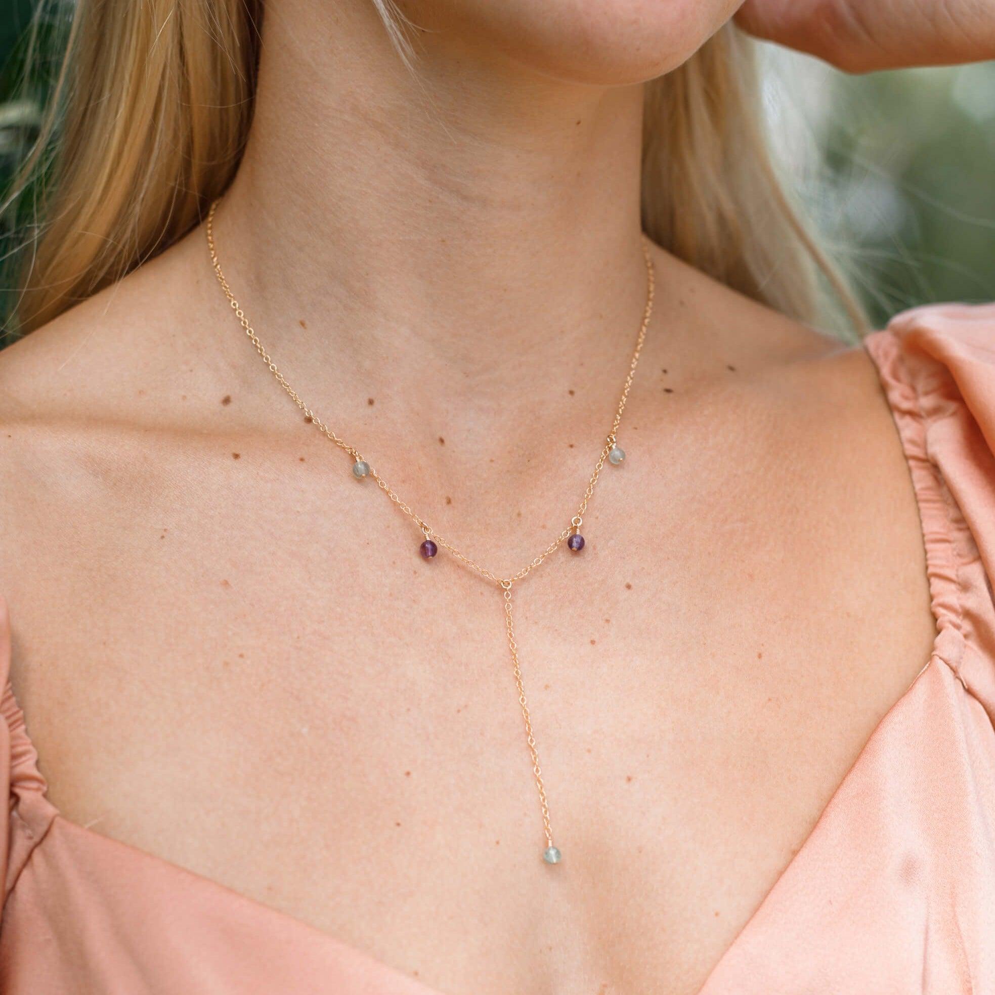 Rainbow Fluorite Crystal Boho Lariat Necklace - Rainbow Fluorite Crystal Boho Lariat Necklace - Sterling Silver - Luna Tide Handmade Crystal Jewellery