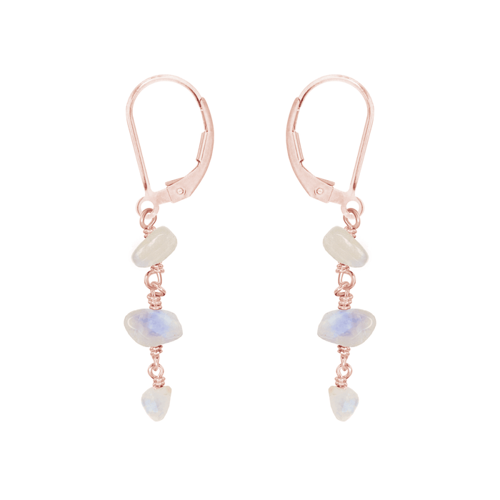 Rainbow Moonstone Crystal Beaded Chain Dangle Leverback Earrings - Rainbow Moonstone Crystal Beaded Chain Dangle Leverback Earrings - 14k Rose Gold Fill - Luna Tide Handmade Crystal Jewellery