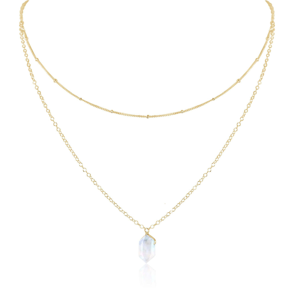 Rainbow Moonstone Double Terminated Crystal Chain Layered Choker Necklace - Rainbow Moonstone Double Terminated Crystal Chain Layered Choker Necklace - 14k Gold Fill - Luna Tide Handmade Crystal Jewellery