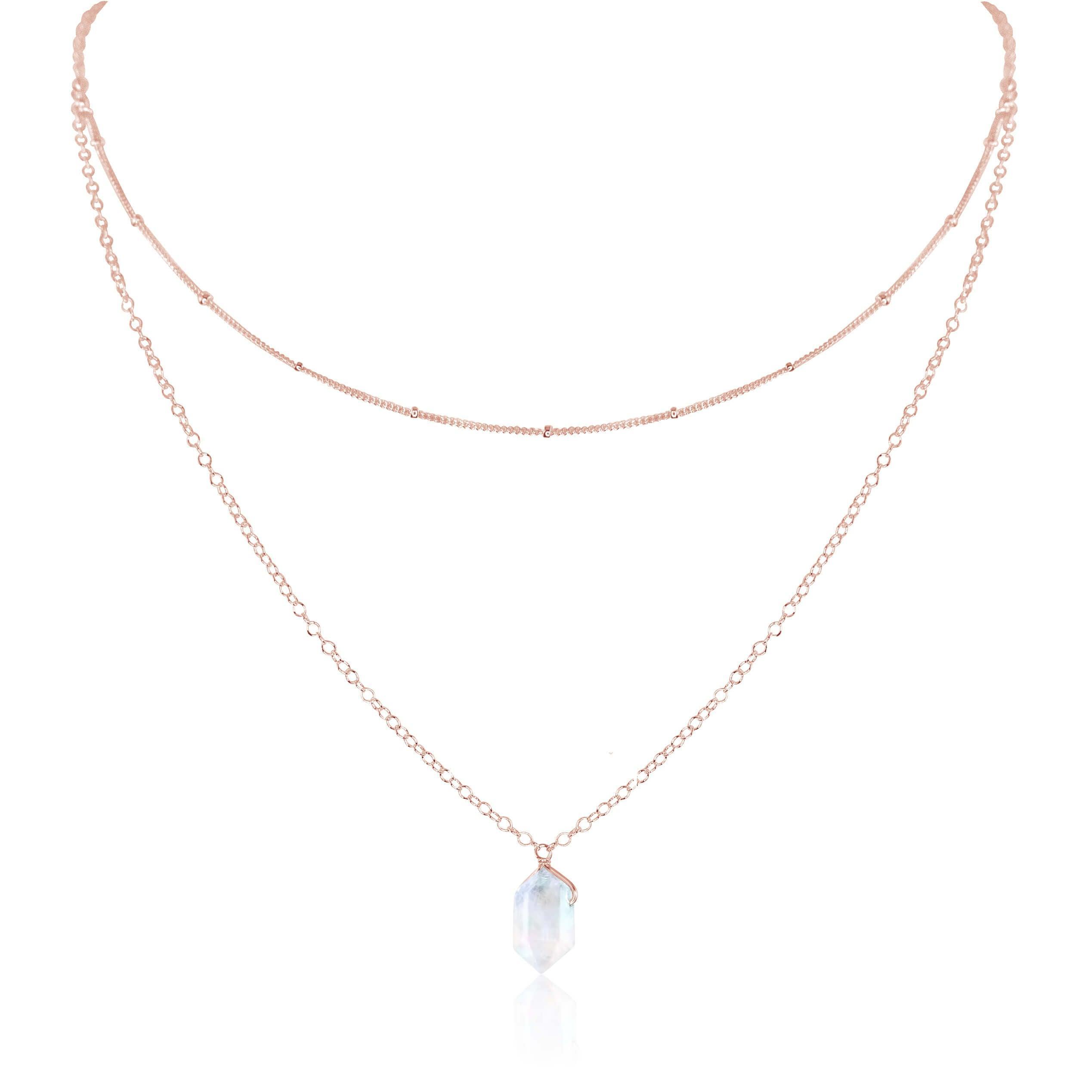 Rainbow Moonstone Double Terminated Crystal Chain Layered Choker Necklace - Rainbow Moonstone Double Terminated Crystal Chain Layered Choker Necklace - 14k Rose Gold Fill - Luna Tide Handmade Crystal Jewellery