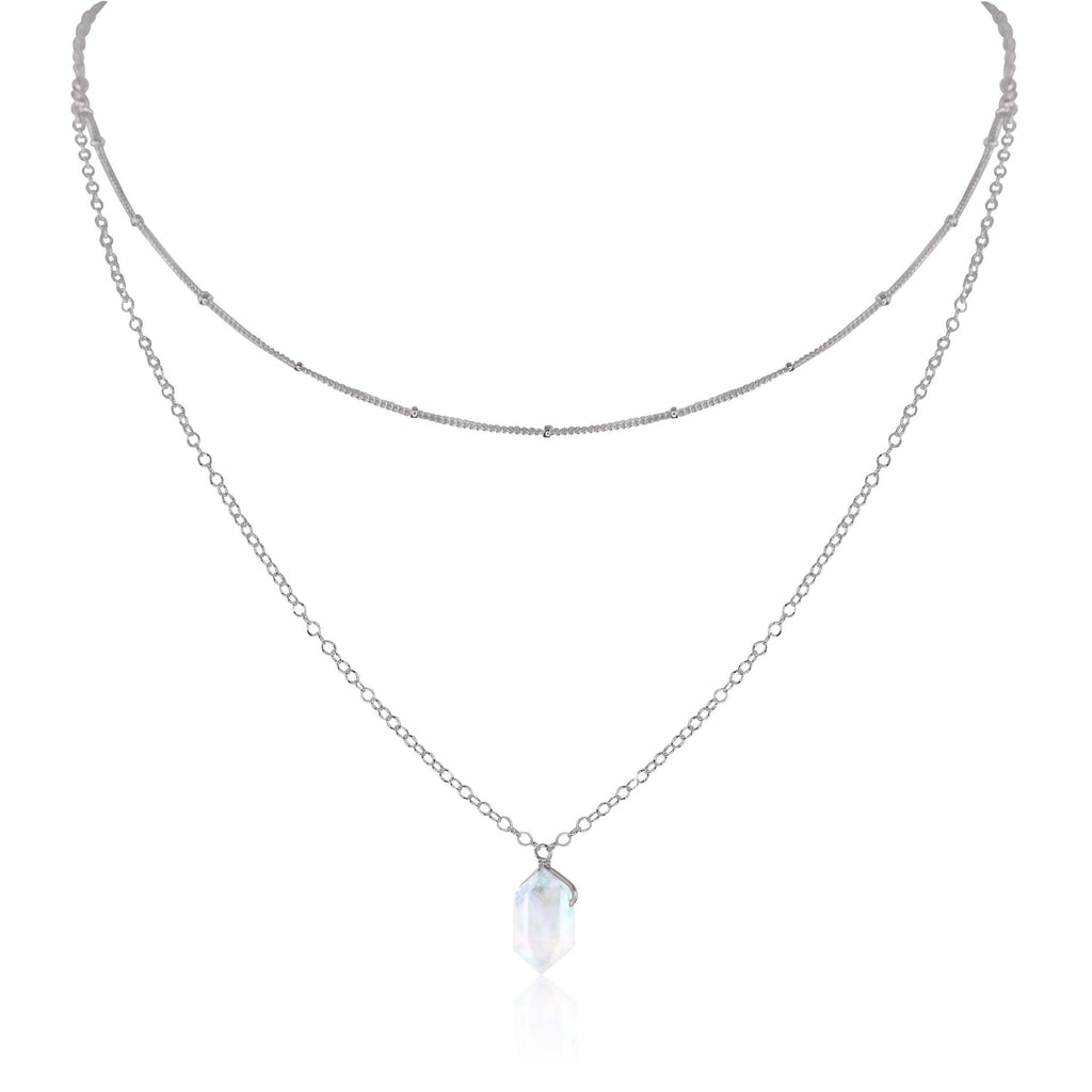 Rainbow Moonstone Double Terminated Crystal Chain Layered Choker Necklace - Rainbow Moonstone Double Terminated Crystal Chain Layered Choker Necklace - Stainless Steel - Luna Tide Handmade Crystal Jewellery