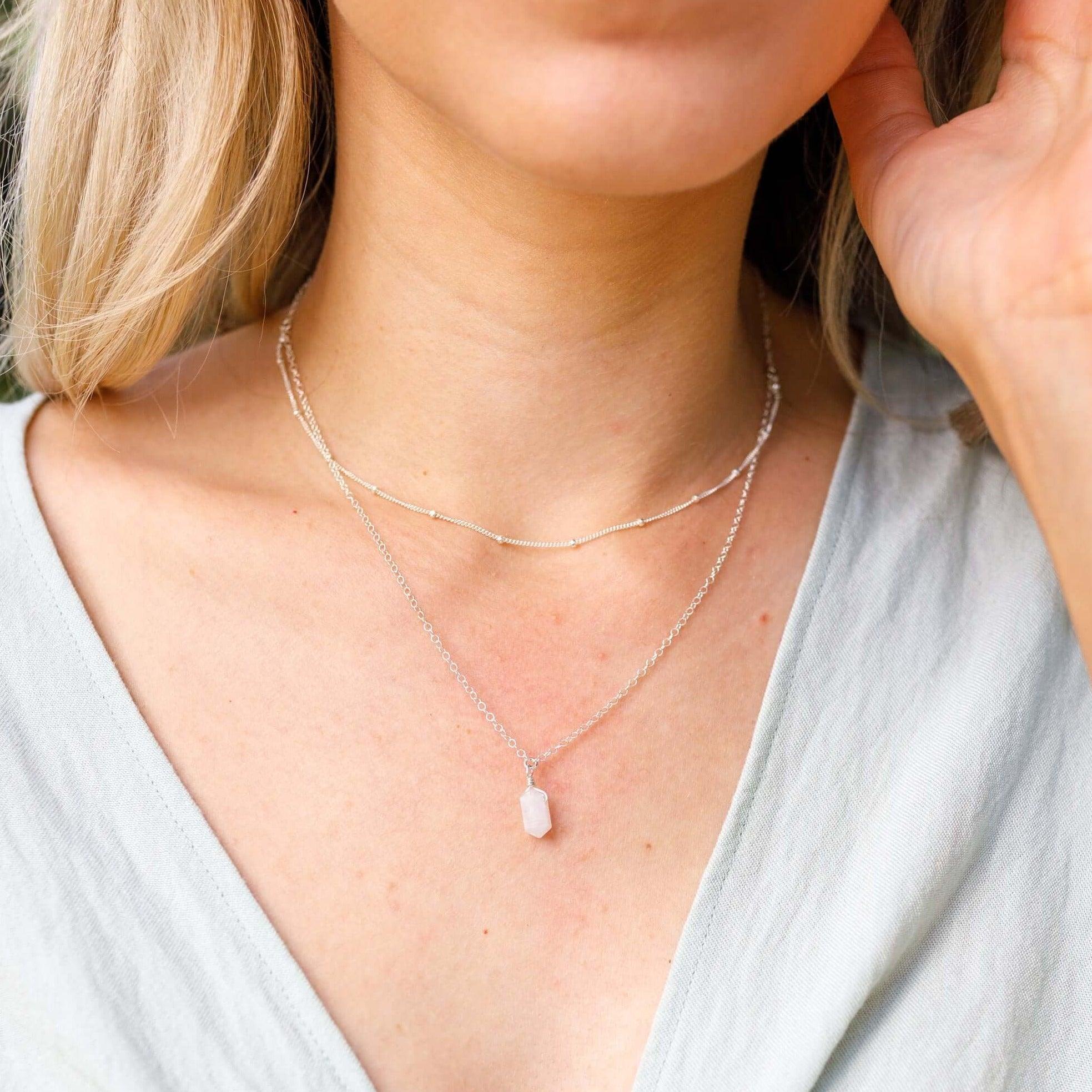 Rainbow Moonstone Double Terminated Crystal Chain Layered Choker Necklace - Rainbow Moonstone Double Terminated Crystal Chain Layered Choker Necklace - Sterling Silver - Luna Tide Handmade Crystal Jewellery