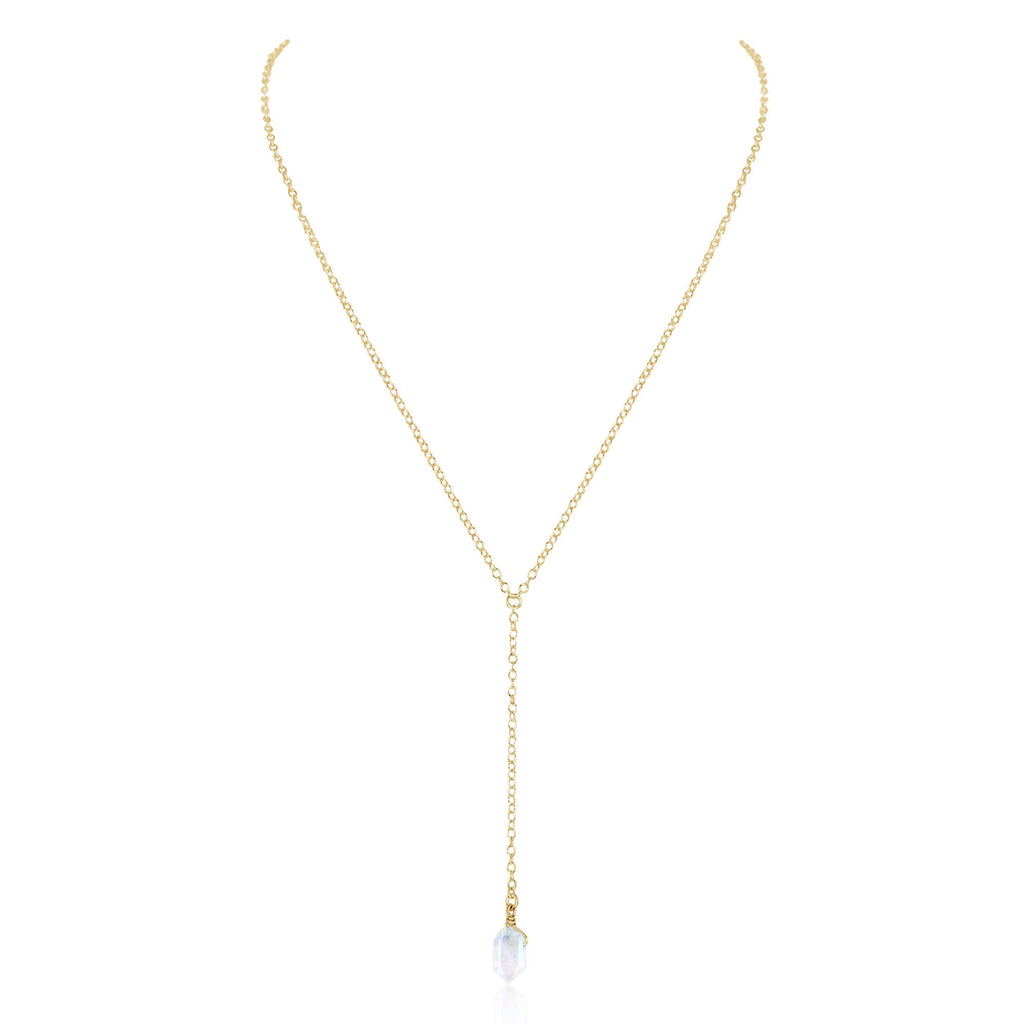 Rainbow Moonstone Double Terminated Mini Crystal Point Lariat Necklace - Rainbow Moonstone Double Terminated Mini Crystal Point Lariat Necklace - 14k Gold Fill - Luna Tide Handmade Crystal Jewellery