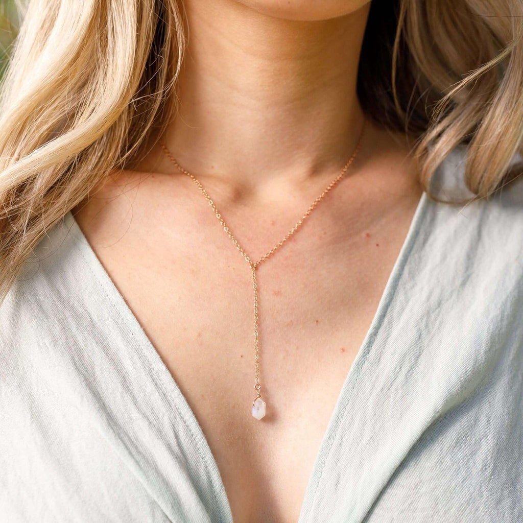 Rainbow Moonstone Double Terminated Mini Crystal Point Lariat Necklace - Rainbow Moonstone Double Terminated Mini Crystal Point Lariat Necklace - 14k Gold Fill - Luna Tide Handmade Crystal Jewellery