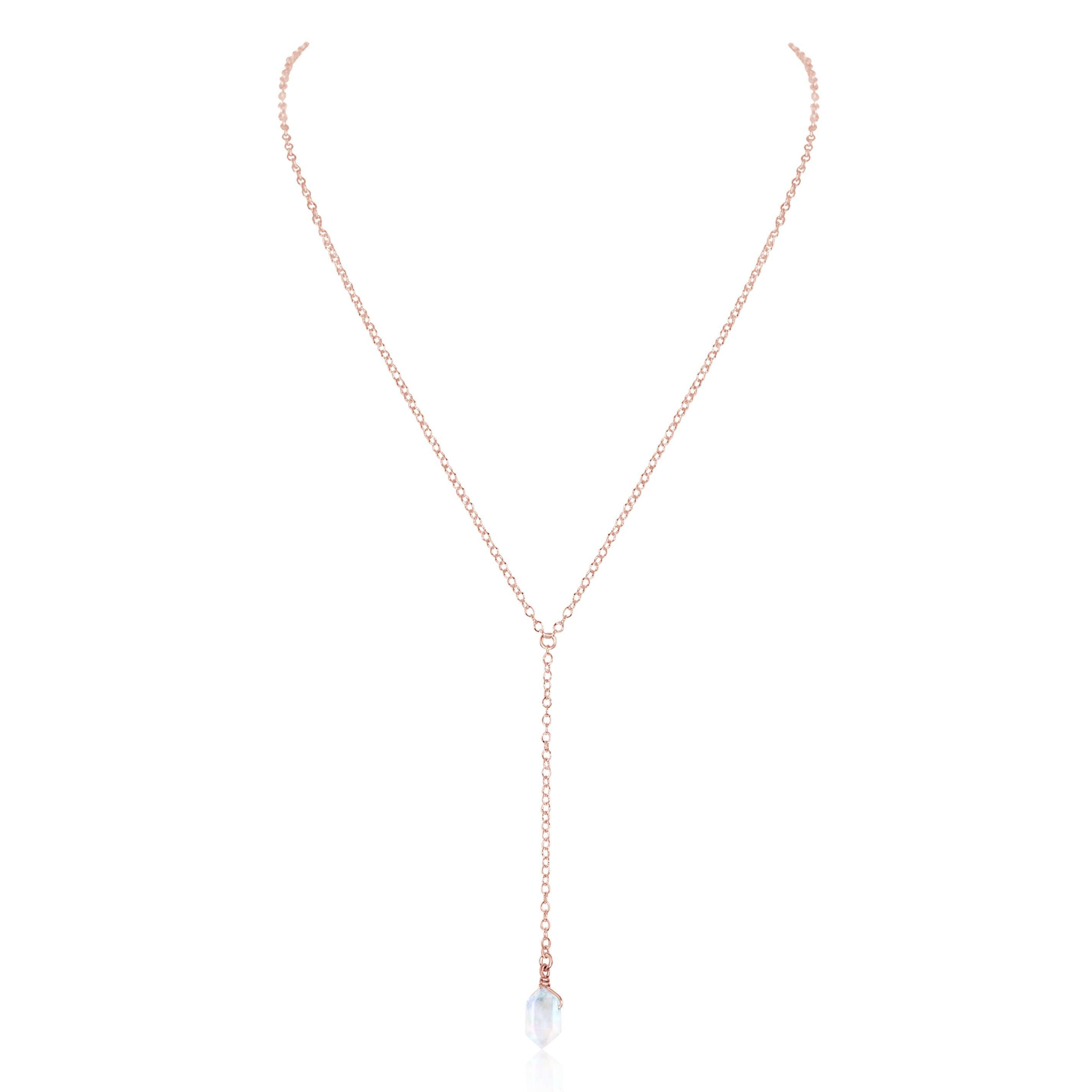 Rainbow Moonstone Double Terminated Mini Crystal Point Lariat Necklace - Rainbow Moonstone Double Terminated Mini Crystal Point Lariat Necklace - 14k Rose Gold Fill - Luna Tide Handmade Crystal Jewellery