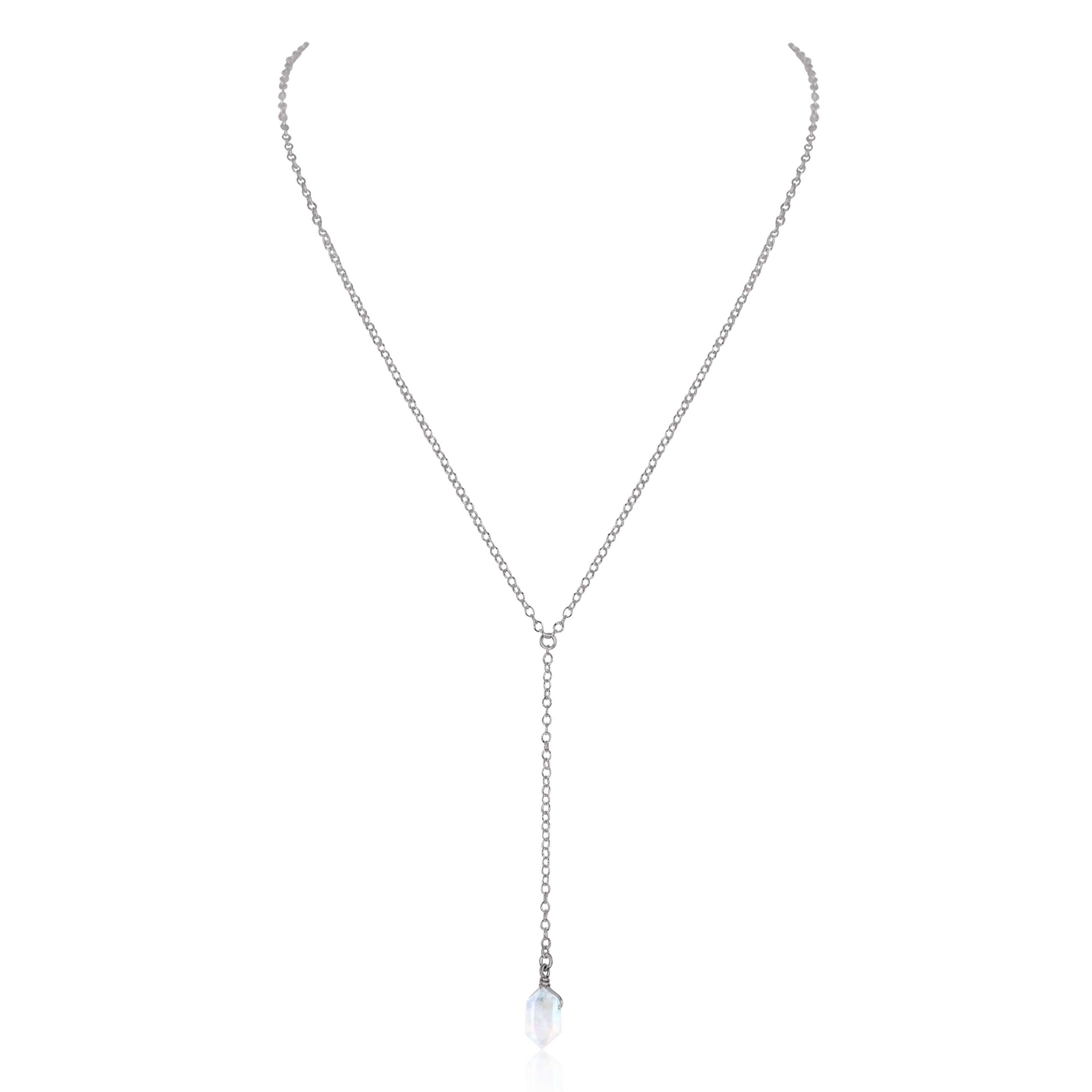 Rainbow Moonstone Double Terminated Mini Crystal Point Lariat Necklace - Rainbow Moonstone Double Terminated Mini Crystal Point Lariat Necklace - Stainless Steel - Luna Tide Handmade Crystal Jewellery