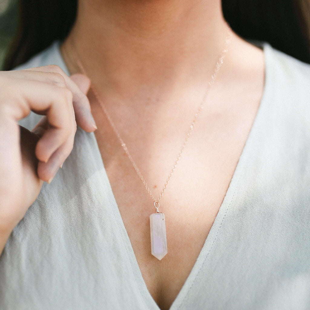 Rainbow Moonstone Gemstone Generator Tower Point Pendant Necklace - Rainbow Moonstone Gemstone Generator Tower Point Pendant Necklace - Sterling Silver / Satellite - Luna Tide Handmade Crystal Jewellery