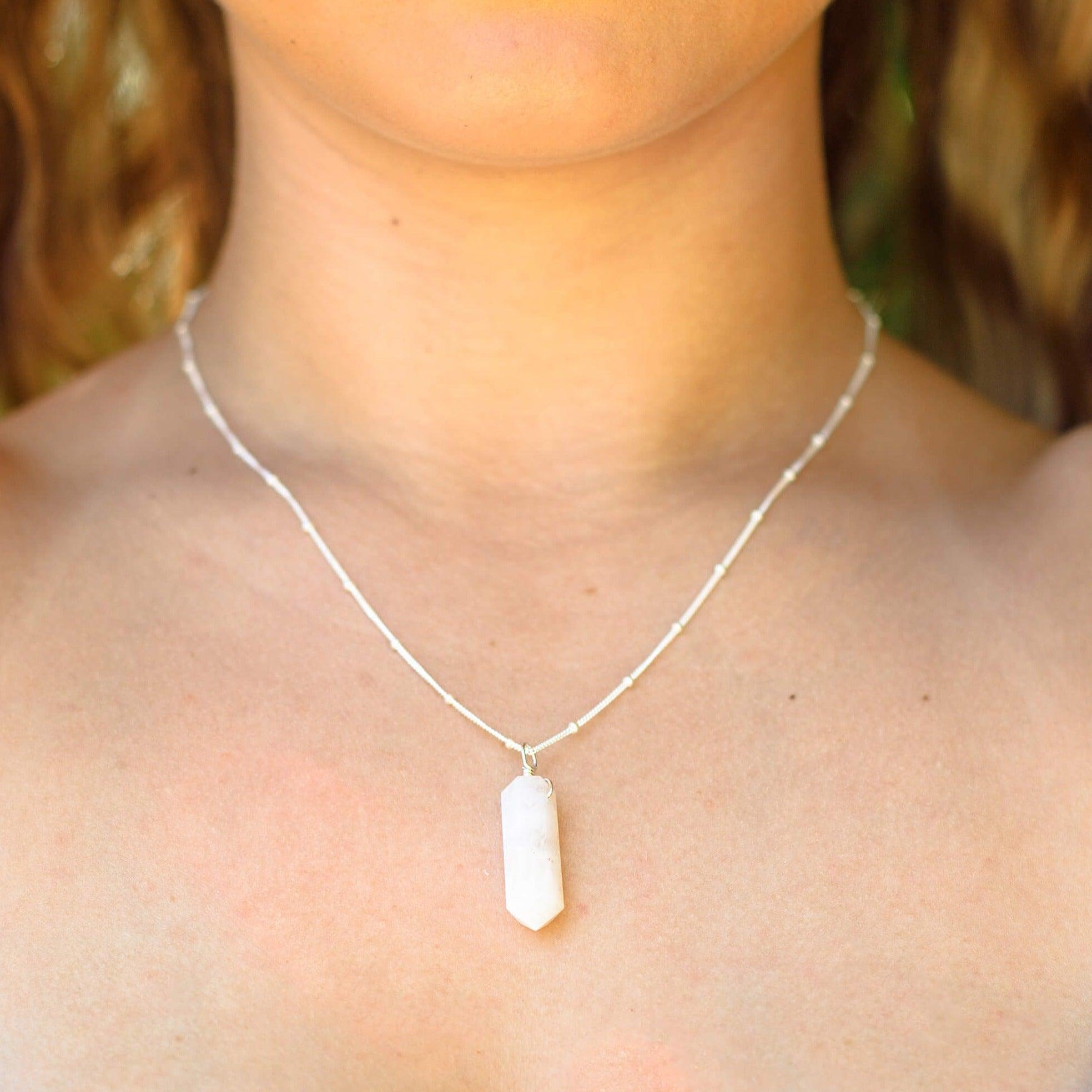 Rainbow Moonstone Gemstone Generator Tower Point Pendant Necklace - Rainbow Moonstone Gemstone Generator Tower Point Pendant Necklace - Sterling Silver / Satellite - Luna Tide Handmade Crystal Jewellery