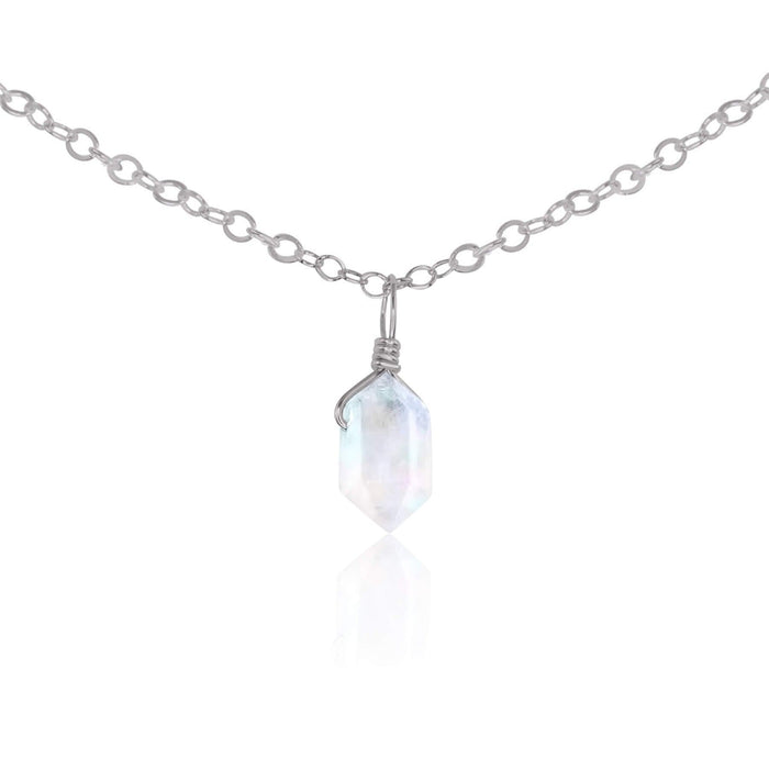 Rainbow Moonstone Mini Double Terminated Crystal Point Pendant Choker Necklace - Rainbow Moonstone Mini Double Terminated Crystal Point Pendant Choker Necklace - Stainless Steel / Cable - Luna Tide Handmade Crystal Jewellery