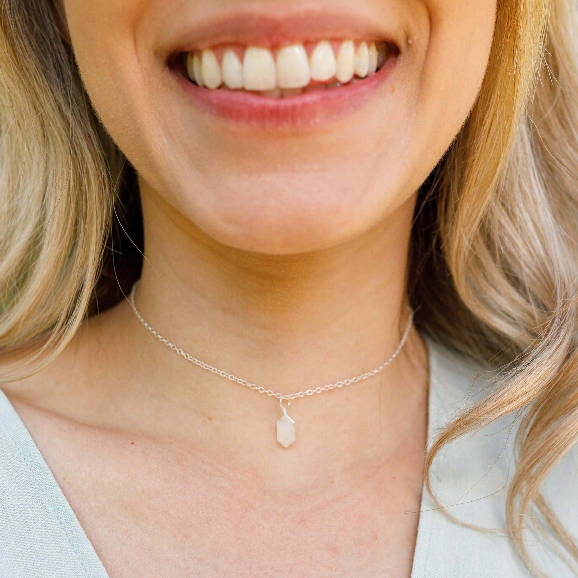 Rainbow Moonstone Mini Double Terminated Crystal Point Pendant Choker Necklace - Rainbow Moonstone Mini Double Terminated Crystal Point Pendant Choker Necklace - Sterling Silver / Cable - Luna Tide Handmade Crystal Jewellery