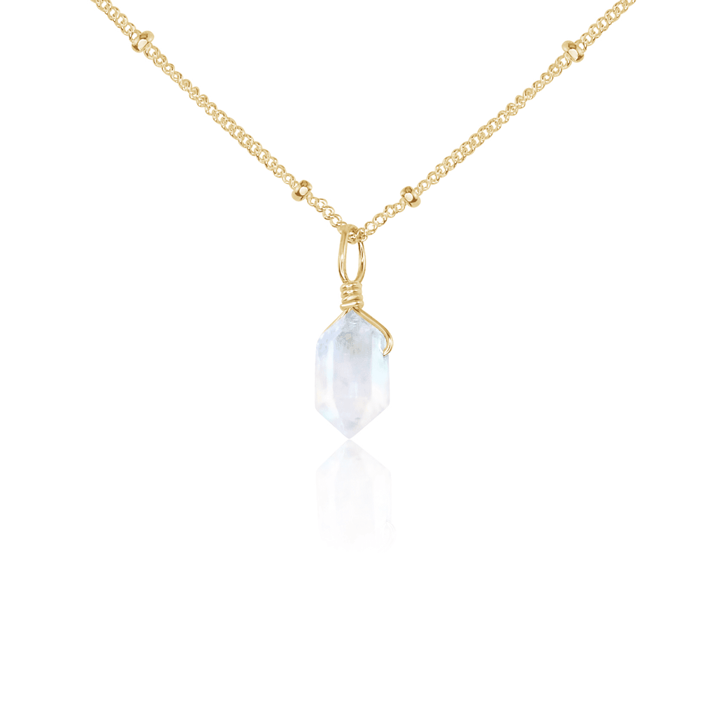 Rainbow Moonstone Mini Double Terminated Crystal Point Pendant Necklace - Rainbow Moonstone Mini Double Terminated Crystal Point Pendant Necklace - 14k Gold Fill / Satellite - Luna Tide Handmade Crystal Jewellery