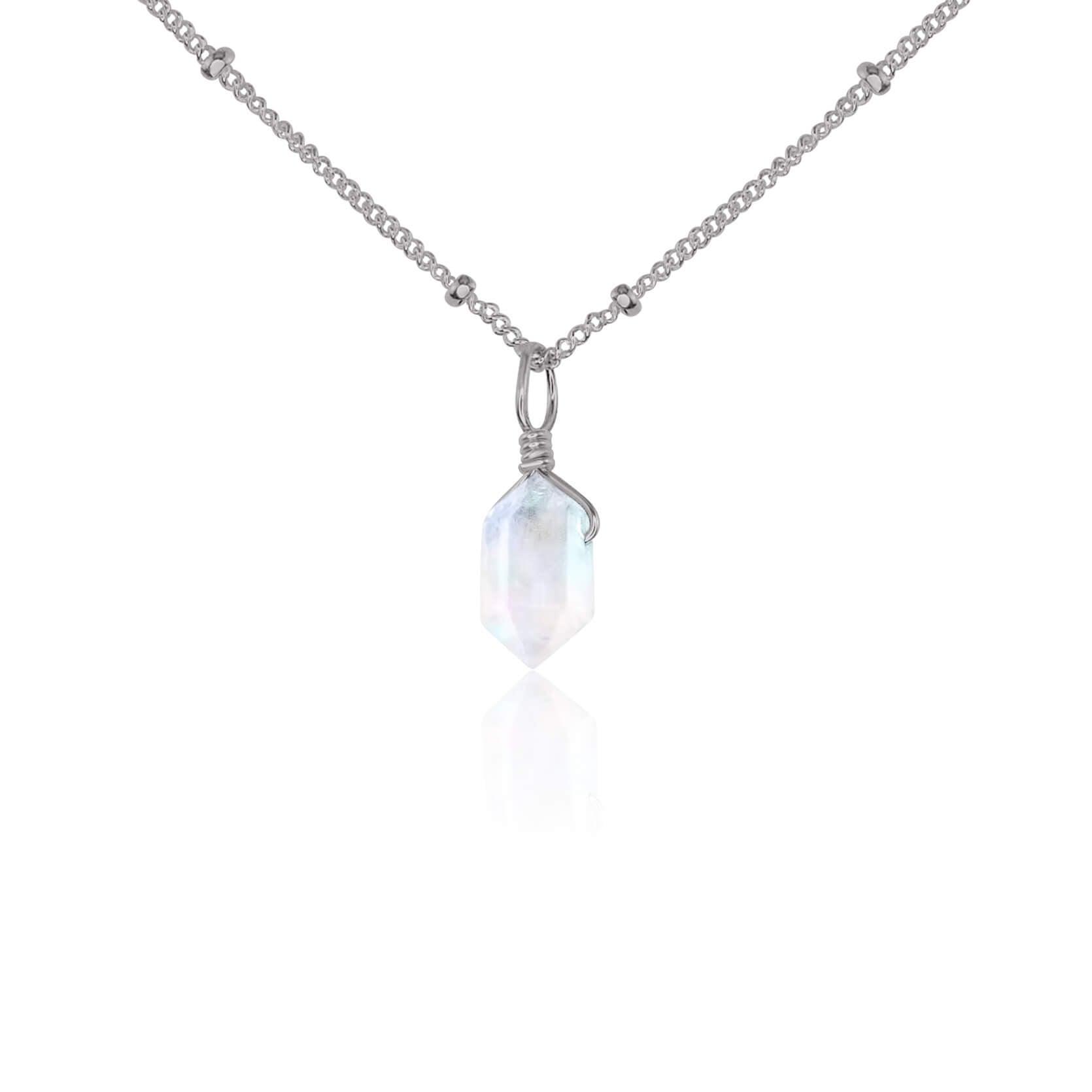 Rainbow Moonstone Mini Double Terminated Crystal Point Pendant Necklace - Rainbow Moonstone Mini Double Terminated Crystal Point Pendant Necklace - Stainless Steel / Satellite - Luna Tide Handmade Crystal Jewellery