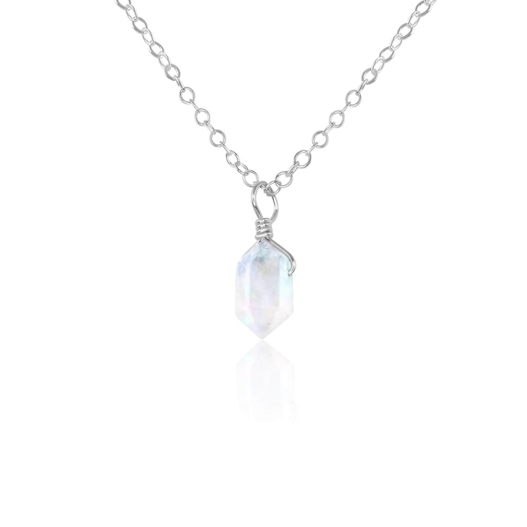 Rainbow Moonstone Mini Double Terminated Crystal Point Pendant Necklace - Rainbow Moonstone Mini Double Terminated Crystal Point Pendant Necklace - Sterling Silver / Cable - Luna Tide Handmade Crystal Jewellery