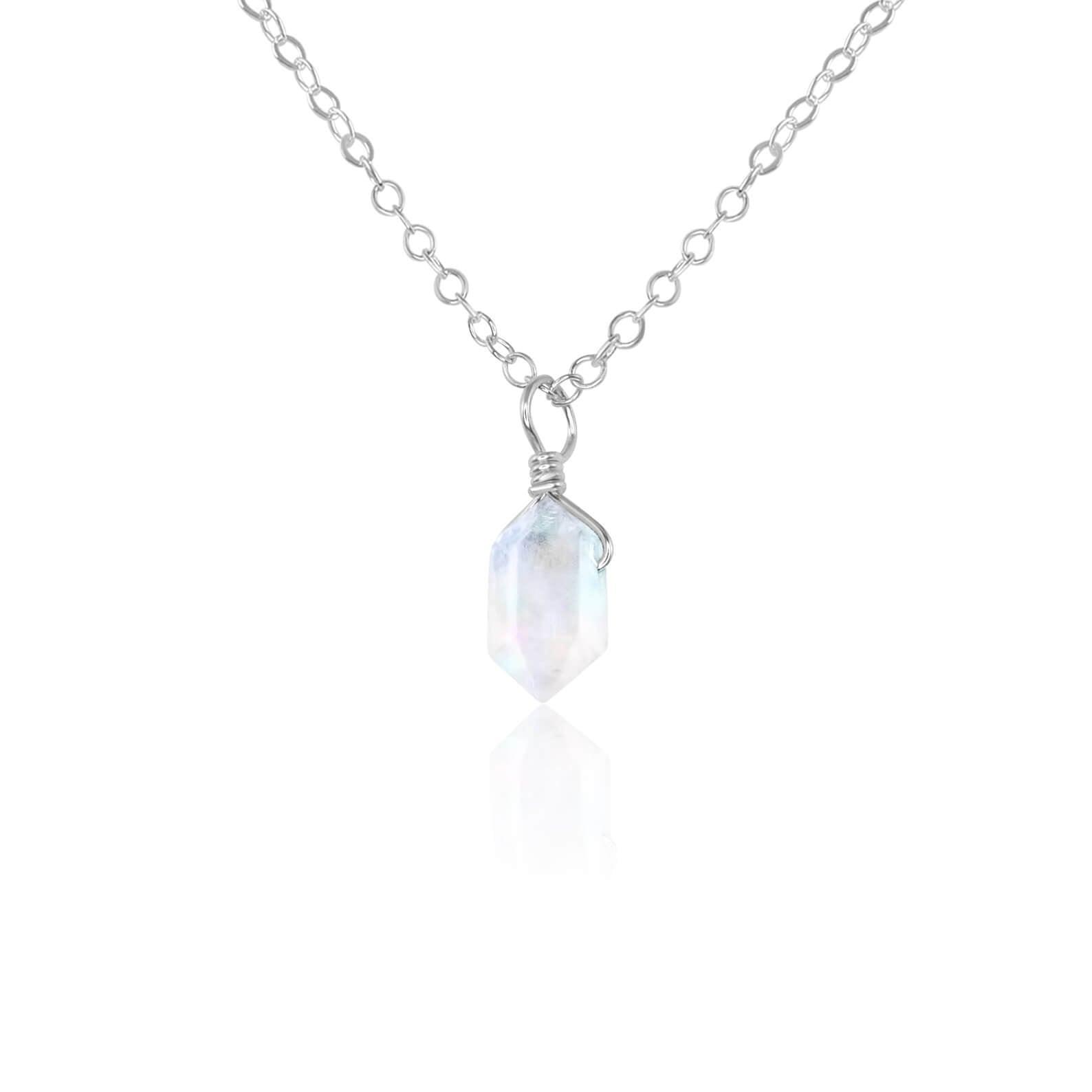 Rainbow Moonstone Mini Double Terminated Crystal Point Pendant Necklace - Rainbow Moonstone Mini Double Terminated Crystal Point Pendant Necklace - Sterling Silver / Cable - Luna Tide Handmade Crystal Jewellery
