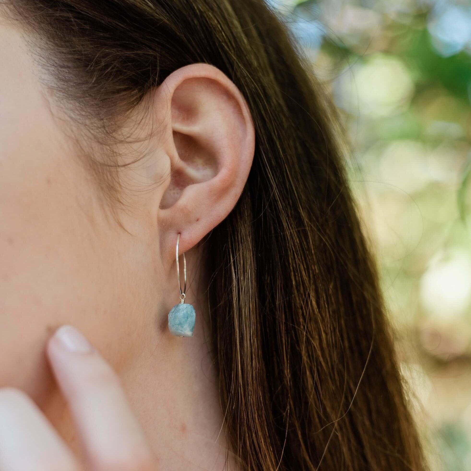 Raw Aquamarine Gemstone Dangle Hoop Earrings - Raw Aquamarine Gemstone Dangle Hoop Earrings - Sterling Silver - Luna Tide Handmade Crystal Jewellery