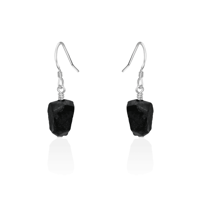 Raw Black Obsidian Crystal Dangle Drop Earrings - Raw Black Obsidian Crystal Dangle Drop Earrings - Sterling Silver - Luna Tide Handmade Crystal Jewellery