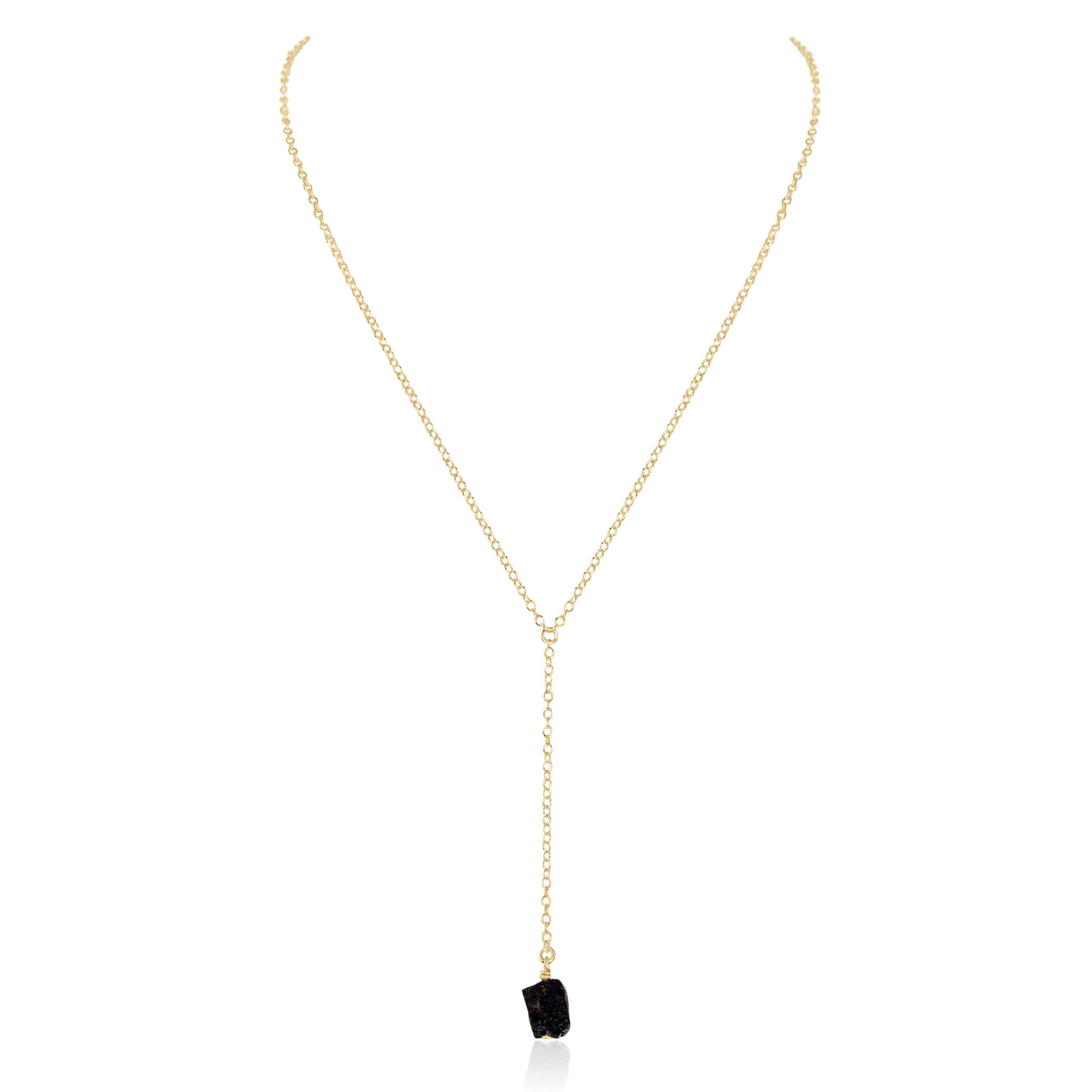 Raw Black Tourmaline Crystal Lariat Necklace - Raw Black Tourmaline Crystal Lariat Necklace - 14k Gold Fill - Luna Tide Handmade Crystal Jewellery
