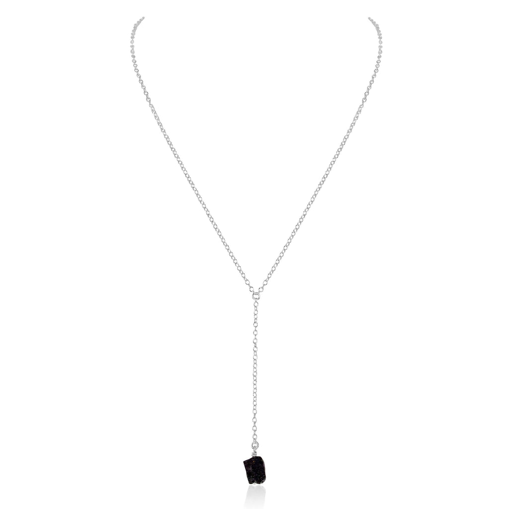 Raw Black Tourmaline Crystal Lariat Necklace - Raw Black Tourmaline Crystal Lariat Necklace - Sterling Silver - Luna Tide Handmade Crystal Jewellery