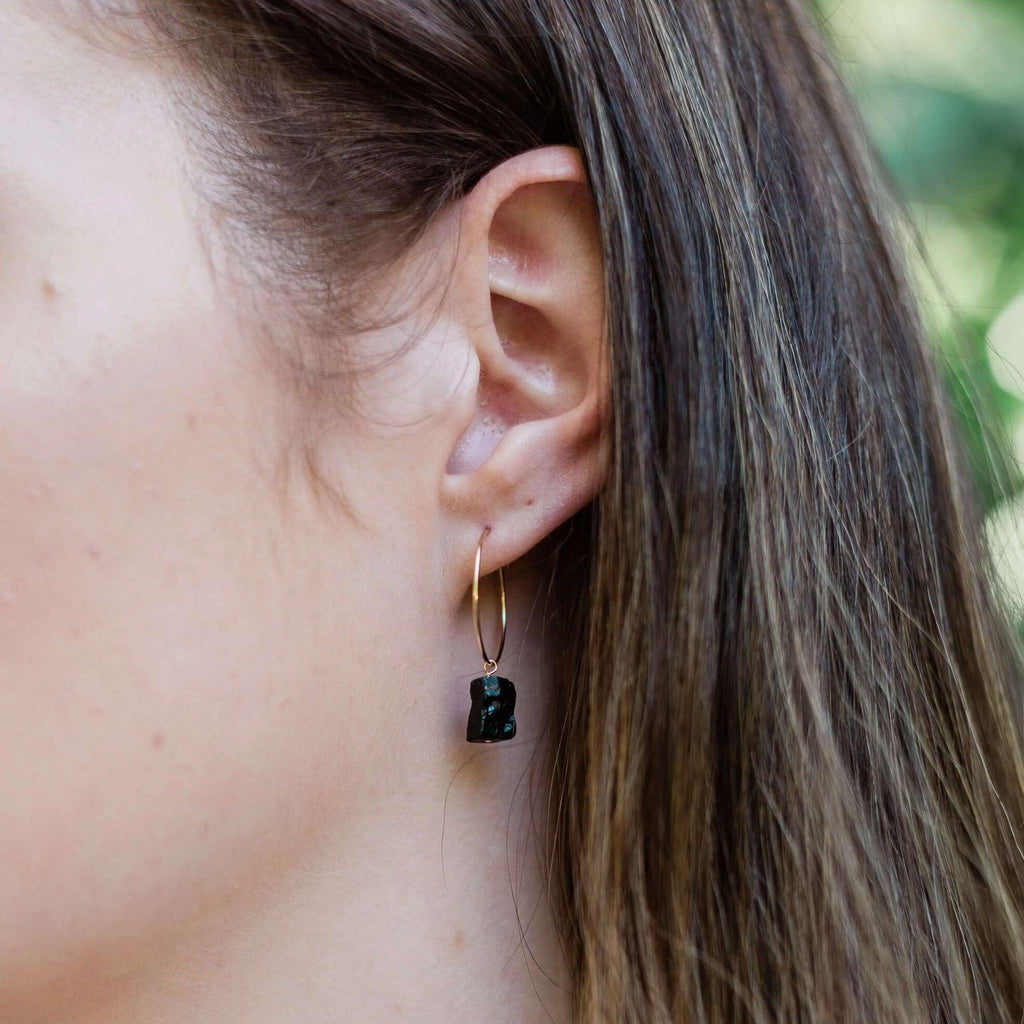 Raw Black Tourmaline Gemstone Dangle Hoop Earrings - Raw Black Tourmaline Gemstone Dangle Hoop Earrings - 14k Gold Fill - Luna Tide Handmade Crystal Jewellery