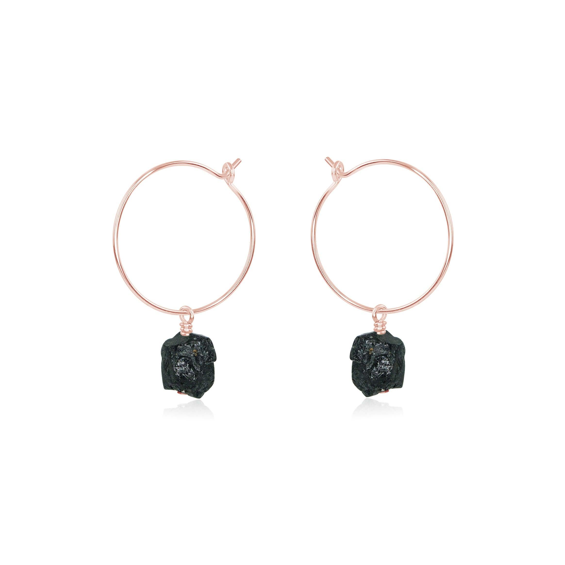 Raw Black Tourmaline Gemstone Dangle Hoop Earrings - Raw Black Tourmaline Gemstone Dangle Hoop Earrings - 14k Rose Gold Fill - Luna Tide Handmade Crystal Jewellery