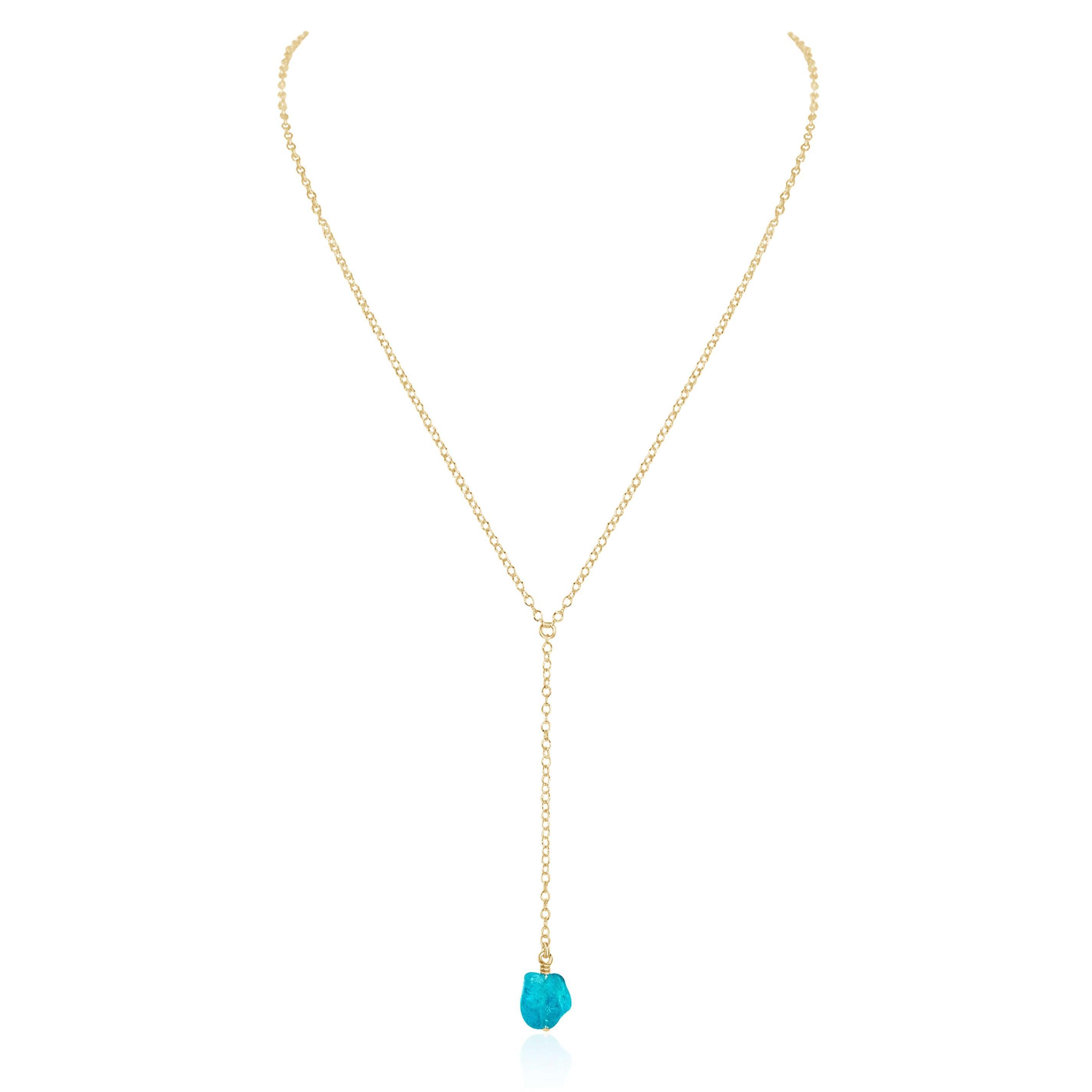 Raw Blue Apatite Crystal Lariat Necklace - Raw Blue Apatite Crystal Lariat Necklace - 14k Gold Fill - Luna Tide Handmade Crystal Jewellery