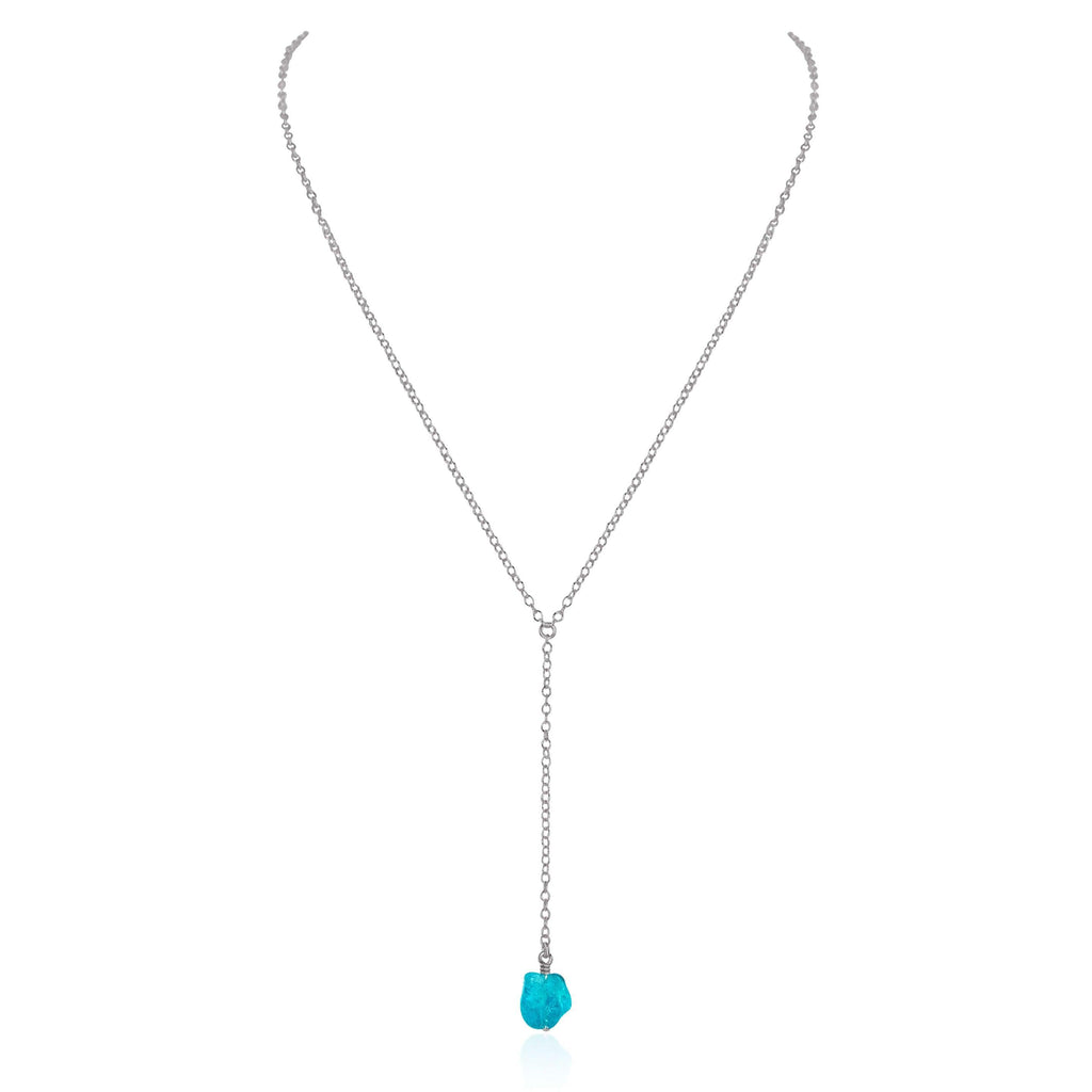 Raw Blue Apatite Crystal Lariat Necklace - Raw Blue Apatite Crystal Lariat Necklace - Stainless Steel - Luna Tide Handmade Crystal Jewellery