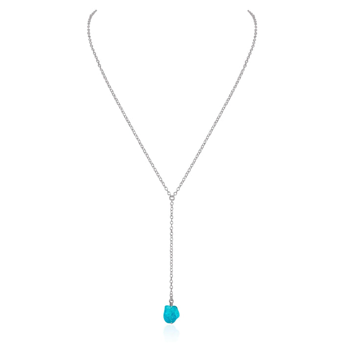 Raw Blue Apatite Crystal Lariat Necklace - Raw Blue Apatite Crystal Lariat Necklace - Stainless Steel - Luna Tide Handmade Crystal Jewellery