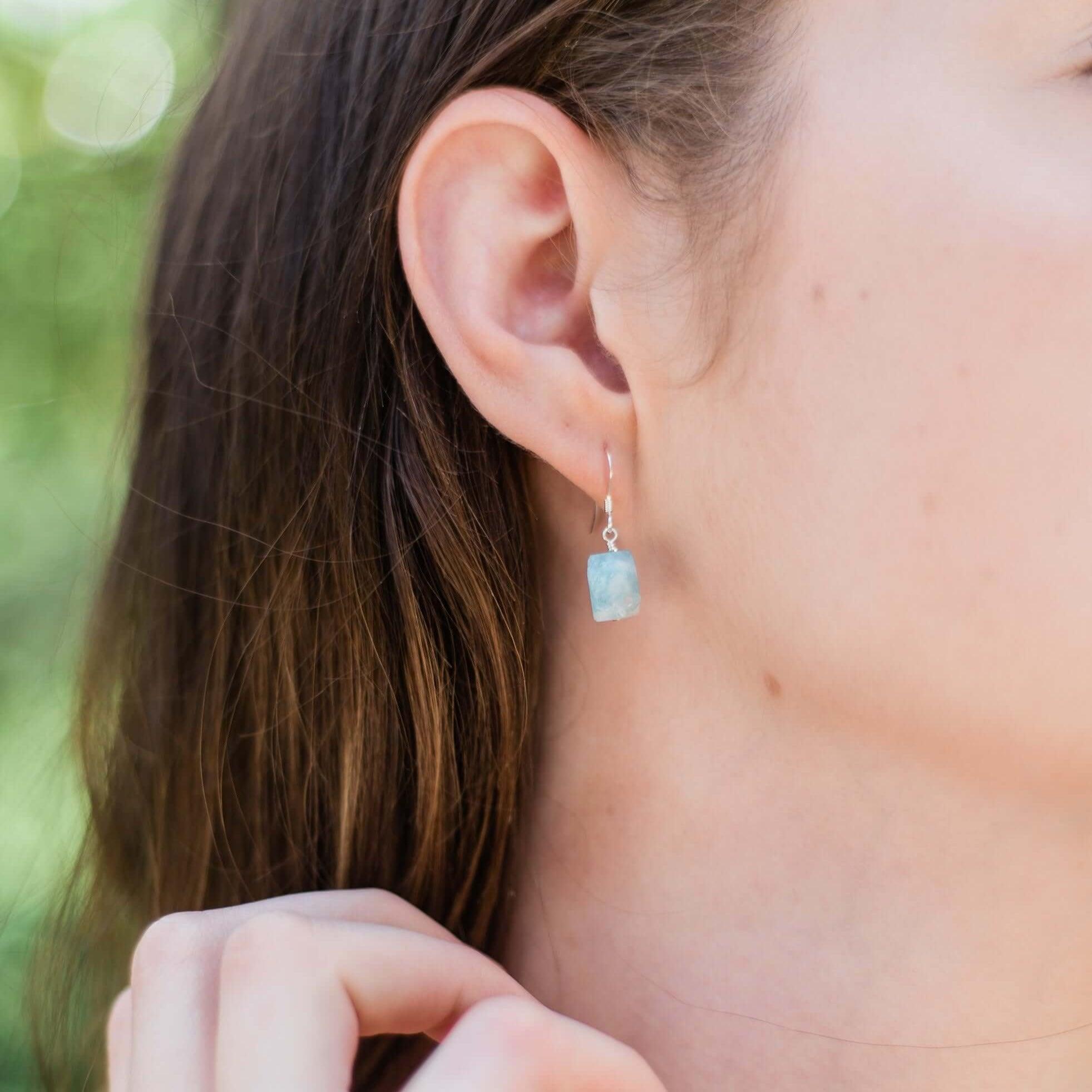 Raw Blue Aquamarine Crystal Dangle Drop Earrings - Raw Blue Aquamarine Crystal Dangle Drop Earrings - Sterling Silver - Luna Tide Handmade Crystal Jewellery