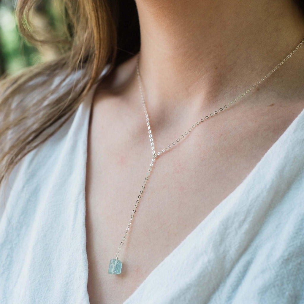 Raw Blue Aquamarine Crystal Lariat Necklace - Raw Blue Aquamarine Crystal Lariat Necklace - Sterling Silver - Luna Tide Handmade Crystal Jewellery
