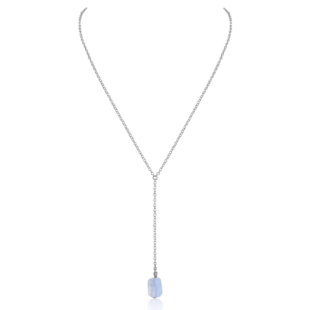 Raw Blue Lace Agate Crystal Lariat Necklace - Raw Blue Lace Agate Crystal Lariat Necklace - Stainless Steel - Luna Tide Handmade Crystal Jewellery
