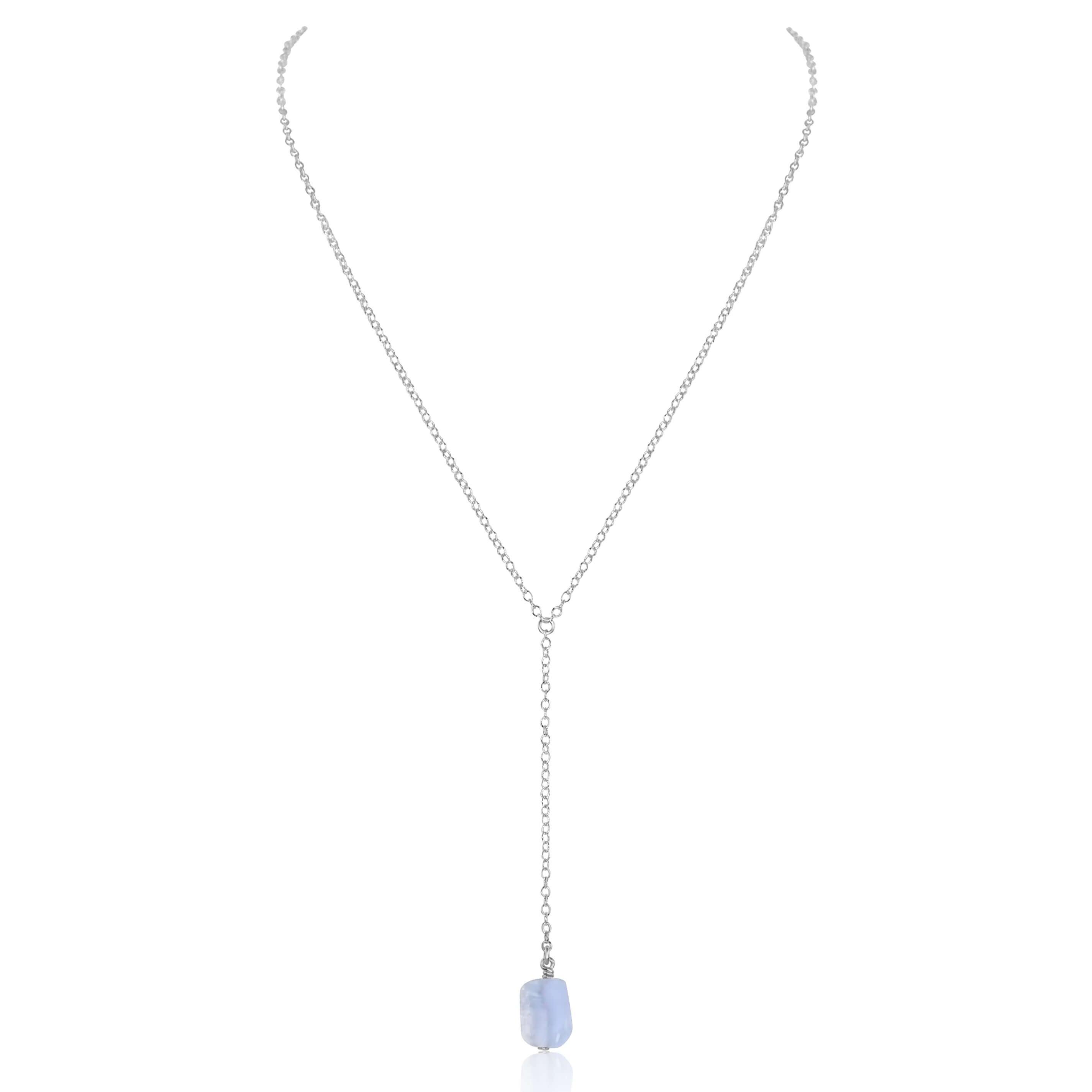 Raw Blue Lace Agate Crystal Lariat Necklace - Raw Blue Lace Agate Crystal Lariat Necklace - Sterling Silver - Luna Tide Handmade Crystal Jewellery