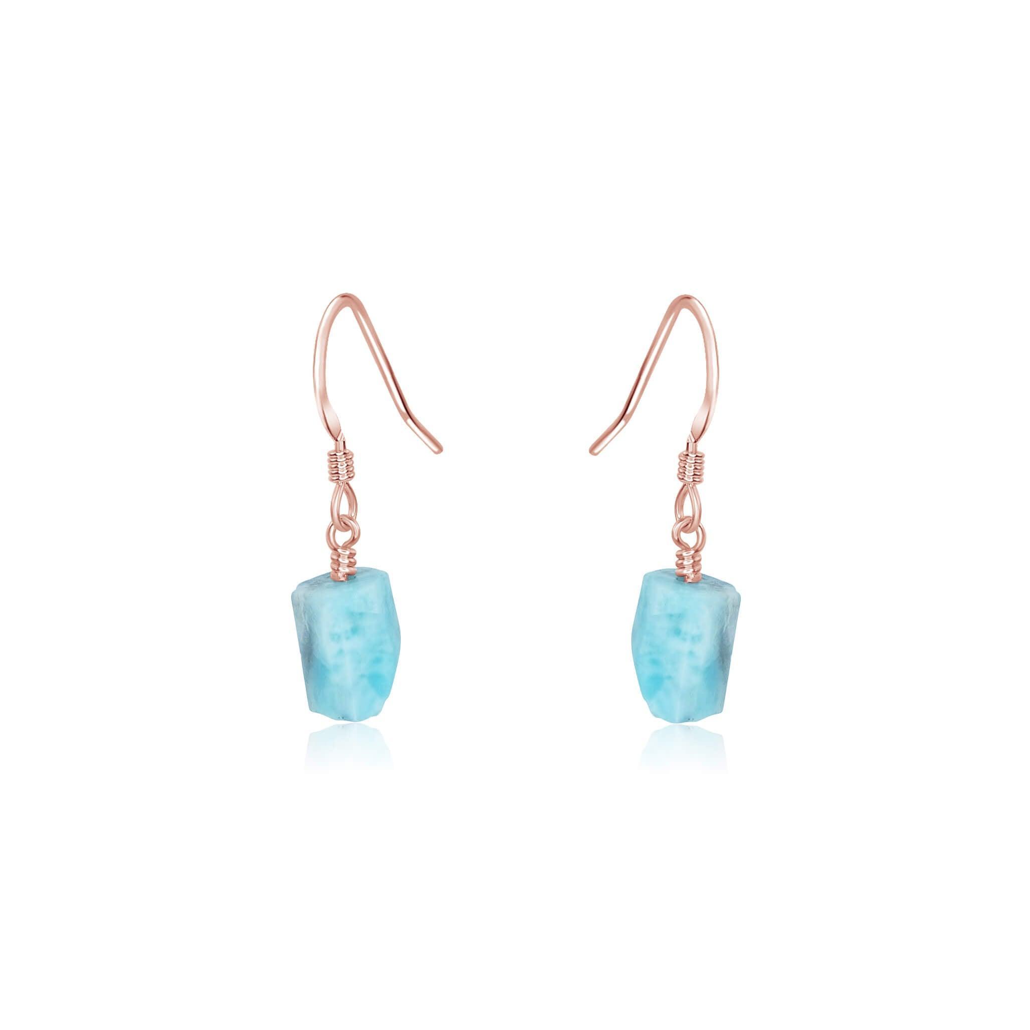 Raw Blue Larimar Crystal Dangle Drop Earrings - Raw Blue Larimar Crystal Dangle Drop Earrings - 14k Rose Gold Fill - Luna Tide Handmade Crystal Jewellery
