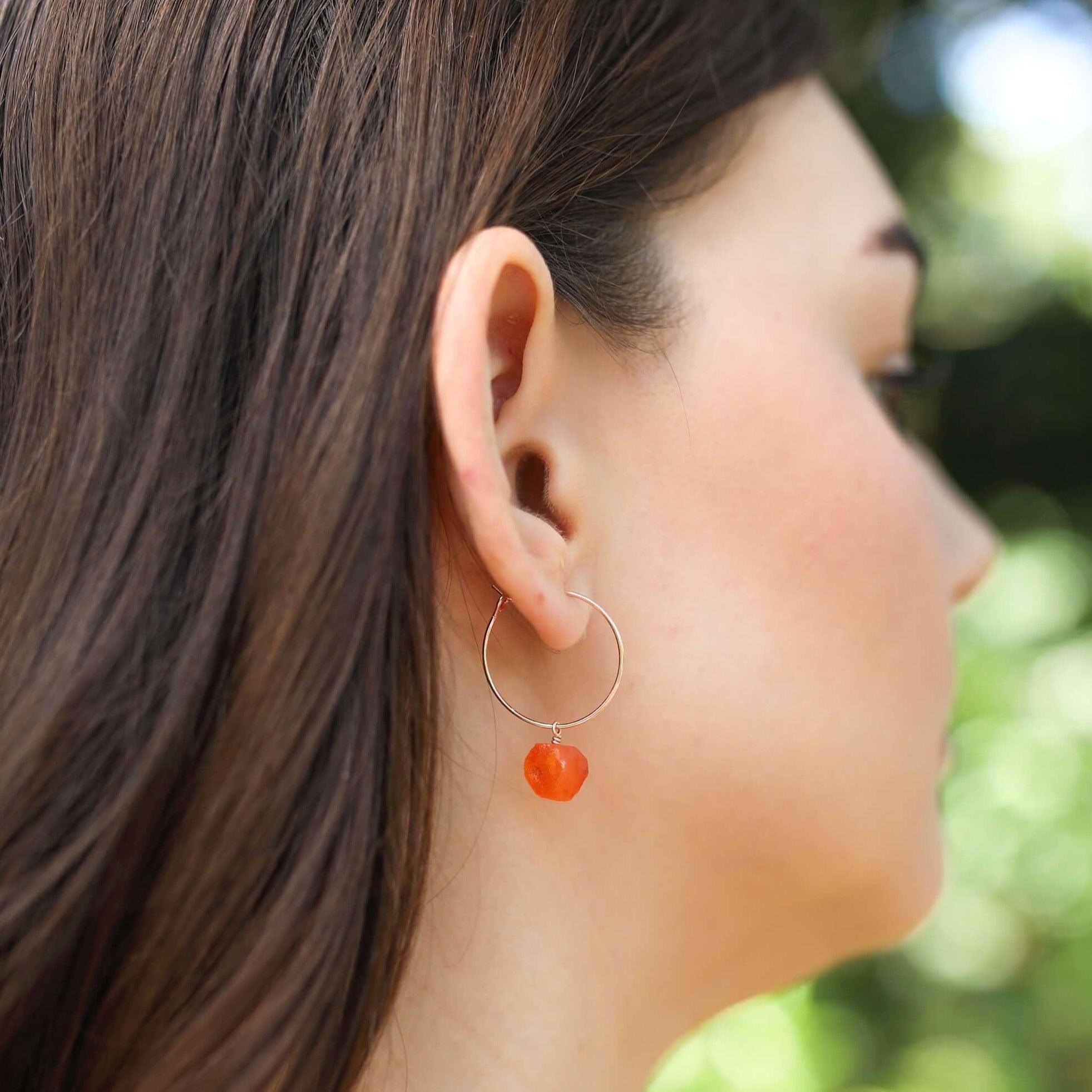 Raw Carnelian Gemstone Dangle Hoop Earrings - Raw Carnelian Gemstone Dangle Hoop Earrings - Sterling Silver - Luna Tide Handmade Crystal Jewellery